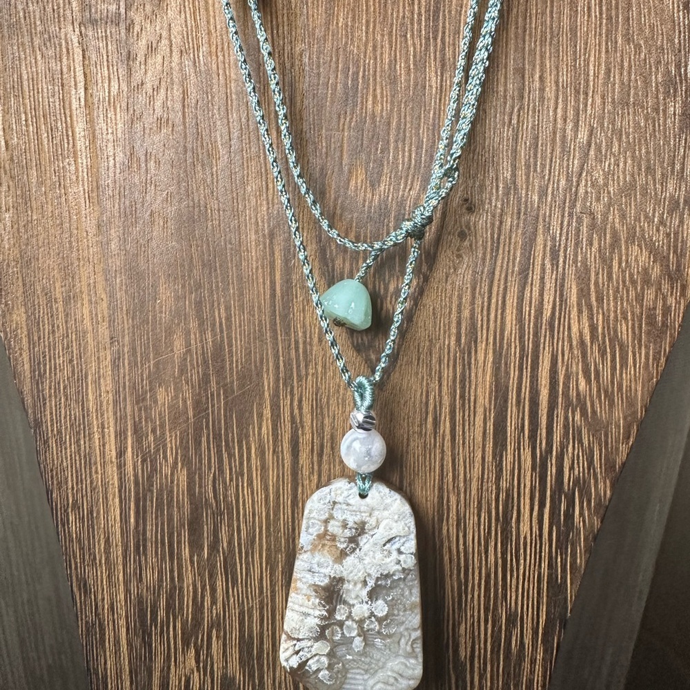 Coral Fossil Flower Agate Landscape Carving Pendant Necklace on Green Lotus Rope - Picture 6 of 10